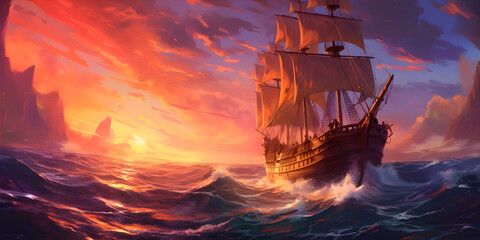 A group of adventurers sailing across a vast open sea, under a vibrant sunset sky, a mix of anticipation and freedom.