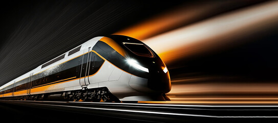 High speed train at the station and blurred cityscape at night in the background. AI