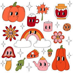 Set autumn retro groovy elements 70s-80s style. Pumpkins, flowers, mushroom, rainbow, pumpkin pie, cocoa mug, cookies, leaf, teapot, jam and candle.