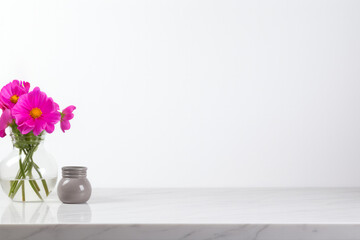 cosmos flowers in vase on white marble table and white wall background. High quality photo