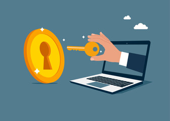 Businessman hand holding golden key to unlock coin keyhole through the computer. Open to investment opportunities. Flat vector illustration