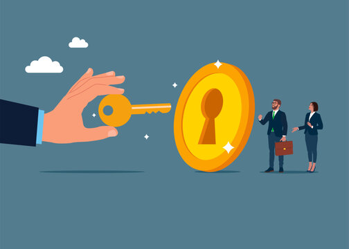 Business people holding golden key to unlock coin keyhole.  Flat vector illustration