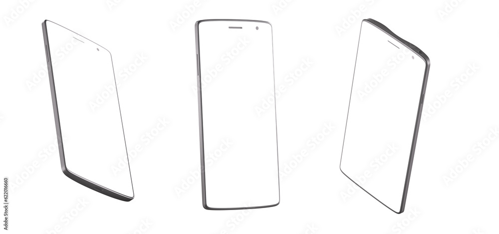 Aufkleber phone frame with blank display isolated templates, phone different angles views. 3d render