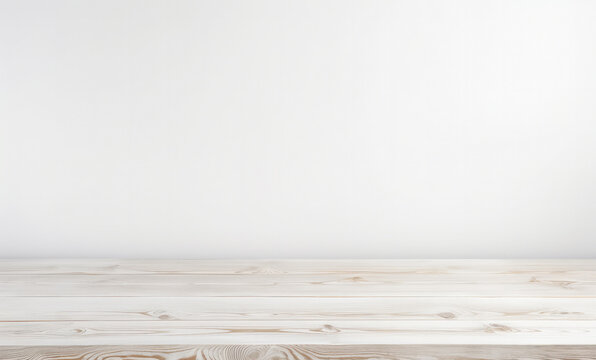 Empty wooden white table over white wall background, product display montage. High quality photo © oksa_studio