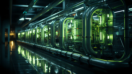 Futuristic hydrogen pipeline illustrating the transformation of the energy sector towards to future ecology, carbon neutral. 3d style. - obrazy, fototapety, plakaty