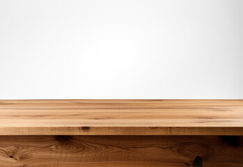 Empty wooden table over white wall background, product display montage. High quality photo