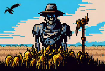 Garden scarecrow in pixel style. AI Generated