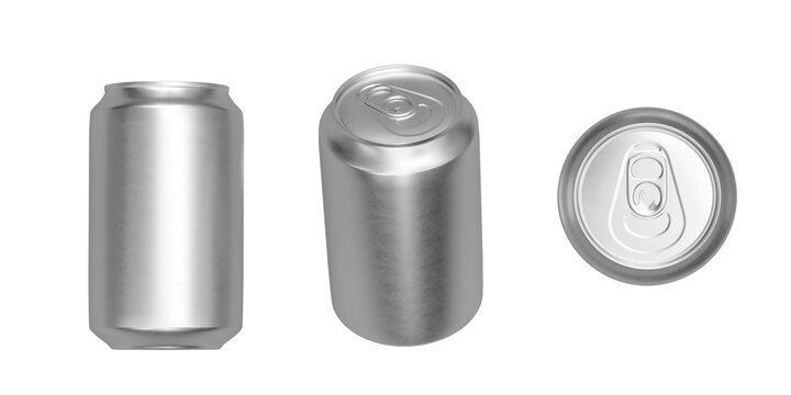 Aluminum slim cans in silver isolated on white background. All views.3D rendering
