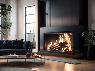 Living room with fireplace. Modern home interior background, wall mock up, 3d render. Created with generative AI