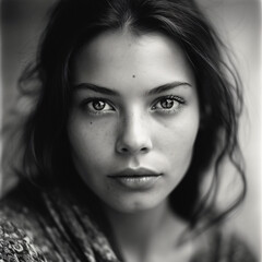 A black and white portrait shot of a young woman with striking eyes Generative Ai