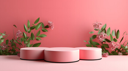 Fototapeta na wymiar 3d pink podium with leaves and flowers decoration