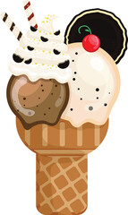 Vector illustration delicious colorful ice cream waffle cone. Icecream coffee cookie cream scoops waffle cone. on white background. Idea for poster, product, t-shirt. Vector icon ice cream cone.