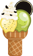 Vector illustration delicious colorful ice cream waffle cone. Icecream cho chip green tea cream scoops waffle cone. on white background. Idea for poster, product, t-shirt. Vector icon ice cream cone.