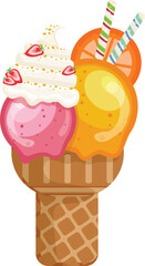Vector illustration delicious colorful ice cream waffle cone. Icecream strawberry orange cream scoops waffle cone. on white background. Idea for poster, product, t-shirt. Vector icon ice cream cone.