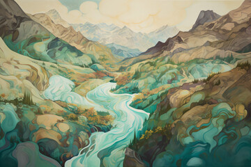 A watercolor painting of a serene river flowing through a picturesque valley with stunning natural scenery Generative Ai