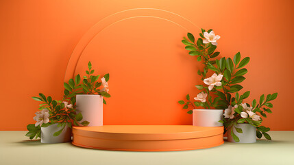 Fototapeta na wymiar 3d minimal orange podium with flowers decoration