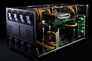 compact powerful mining rig, armed with specialized hardware, tirelessly crunches complex algorithms to mine Bitcoin and contribute to decentralized network, seeking profitable rewards in the process.