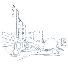 Urban landscape. A modern city. Drawing with one continuous line.