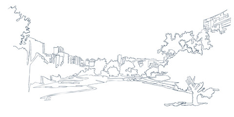 Urban landscape. A modern city. Drawing with one continuous line.