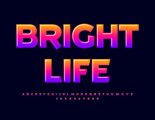 Vector glossy logotype Bright Life. Colorful Font. Stylish Alphabet Letters and Numbers set