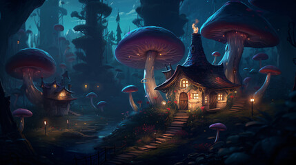 A cozy cottage nestled in a magical forest surrounded by a variety of colorful mushrooms Generative Ai