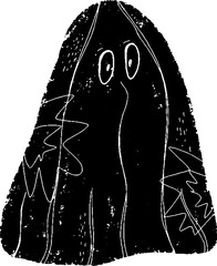 Ghost cartoon. Black hand drawn linocut style, grunge rough old texture. Element for design. Halloween design.