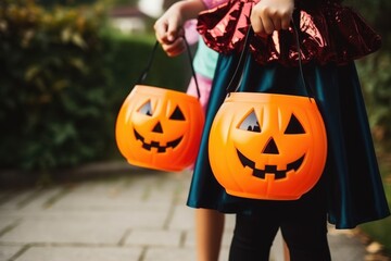 Close-up of children with pumpkins bags playing trick or treat outdoors