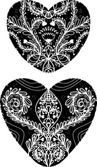 Valentine hearts with floral patterns. Black hand drawn linocut style, grunge rough old texture. Element for design. Vector set