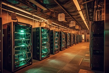 mining farm with Bitcoin machines to tirelessly solve complex mathematical problems, contributing to the decentralized network and earning valuable Bitcoin rewards. AI-Generated. - 622017687