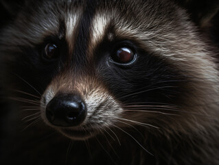 A close up of a raccoon's face isolated on a black background Generative Ai