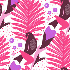 Tropical seamless pattern with plants and birds. Vector illustration.