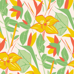 Seamless pattern with bright tropical flowers. Vector illustration