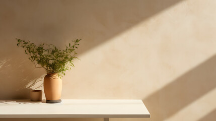vase on wooden table and beige wall with shadow	