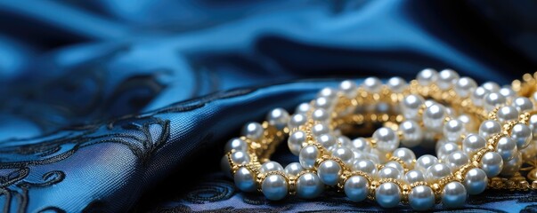 jewelry on blue silk background with pearls, closeup