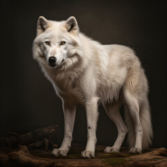 A majestic white wolf standing on a wooden log isolated on a black background Generative Ai