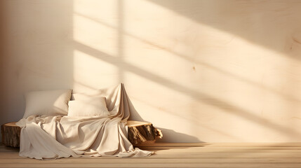 silk and pillows on top of logs with beige fabric textured background with sunlight and shadow