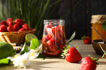 Concept of cooking tasty and sweet food - strawberry jam