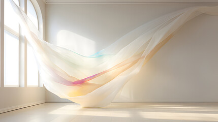 abstract flying white silk with a little rainbow color in a room on white wall with sunlight