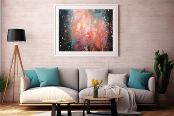 A stylish black frame showcases a mesmerizing abstract artwork, lending a creative flair to the space on the wall. Generative AI