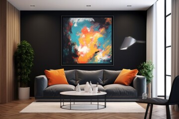 A stylish black frame showcases a mesmerizing abstract artwork, lending a creative flair to the space on the wall. Generative AI