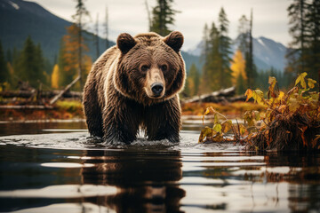 Fototapeta na wymiar brown bear in the lake autumn background