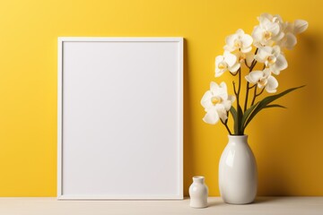 Mockup frame, Against a sunny yellow wall in the bathroom, a mockup frame and blooming orchids create a lively ambiance. Generative AI