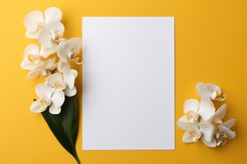 Mockup frame, Against a sunny yellow wall in the bathroom, a mockup frame and blooming orchids create a lively ambiance. Generative AI