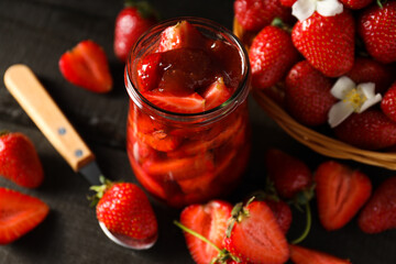 Concept of cooking tasty and sweet food - strawberry jam