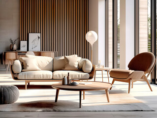 Brown chair and beige sofa against window in spacious room with wooden paneling wall. Scandinavian style home interior design of modern living room. Created with generative AI