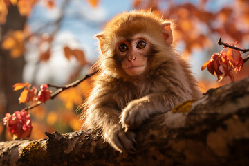 long macaque sitting on a tree  autumn background