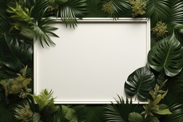 Mockup frame, A tasteful wooden frame arrangement set against a backdrop of lush tropical greenery wallpaper. Generative AI