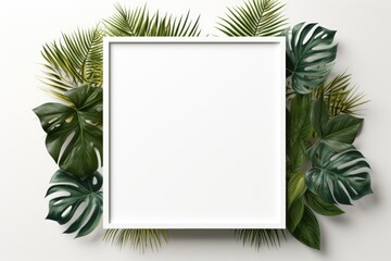 Mockup frame, A tasteful wooden frame arrangement set against a backdrop of lush tropical greenery wallpaper. Generative AI