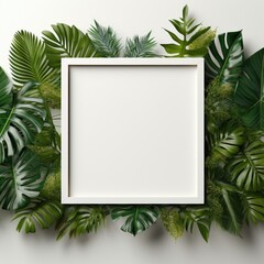 Mockup frame, A tasteful wooden frame arrangement set against a backdrop of lush tropical greenery wallpaper. Generative AI