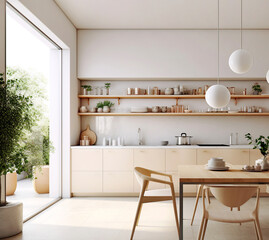 Fototapeta na wymiar Modern scandinavian style interior design of kitchen, wooden dining table and chairs. Created with generative AI